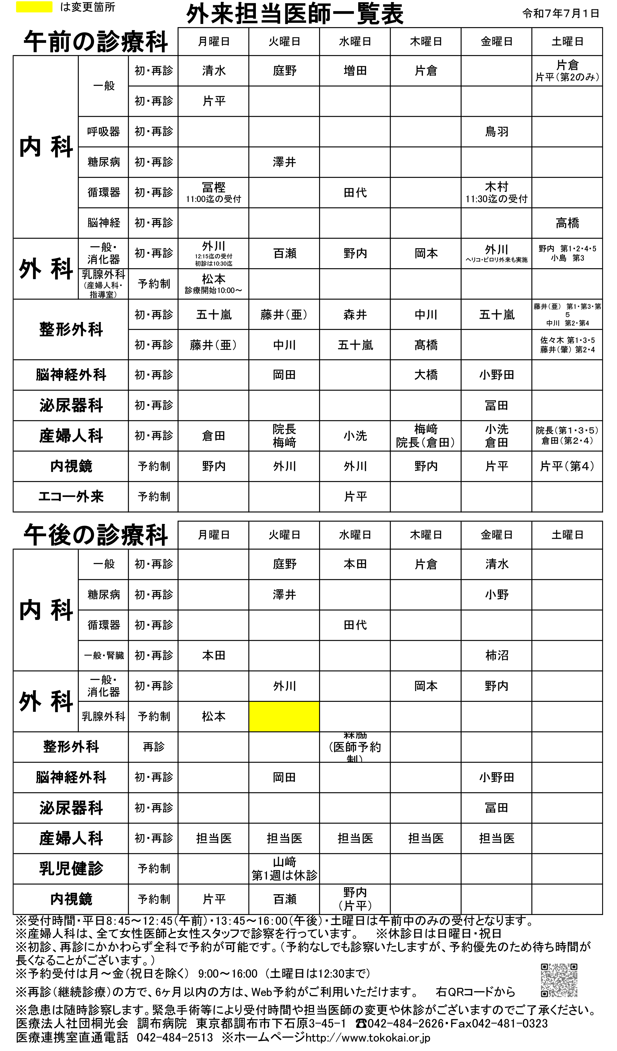 外来診療担当医一覧表